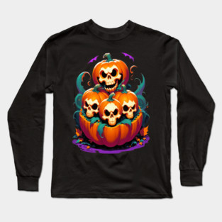 Halloween Scary Skeletons and Orange Pumpkins Long Sleeve T-Shirt