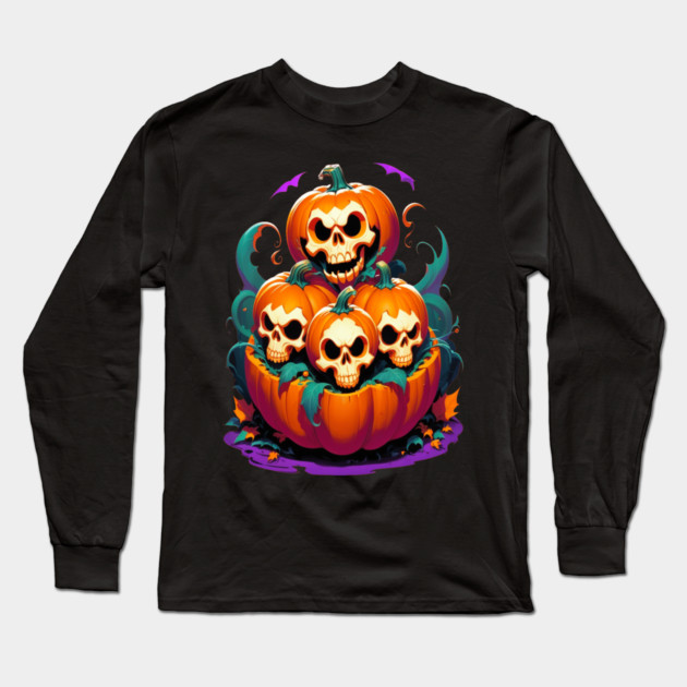Halloween Scary Skeletons and Orange Pumpkins Long Sleeve T-Shirt by BirdsnStuff