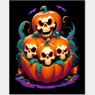 Halloween Scary Skeletons and Orange Pumpkins Posters and Art