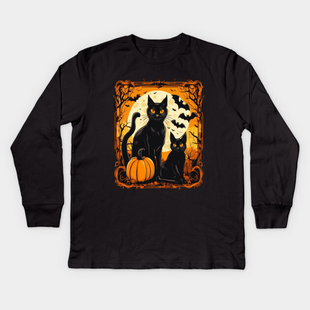 Halloween Black Cats with Bats Kids Long Sleeve T-Shirt by BirdsnStuff