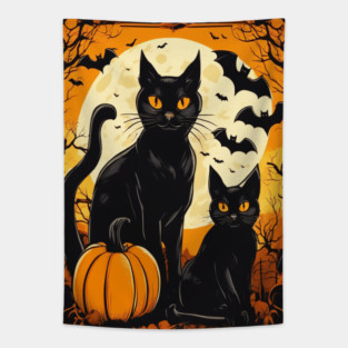 Halloween Black Cats with Bats Tapestry