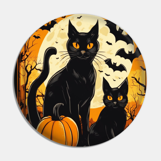 Halloween Black Cats with Bats Pin by BirdsnStuff