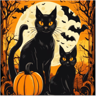 Halloween Black Cats with Bats Posters and Art