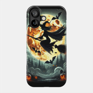 Halloween Witch on Broomstick Full Orange Moon, Bats Phone Case