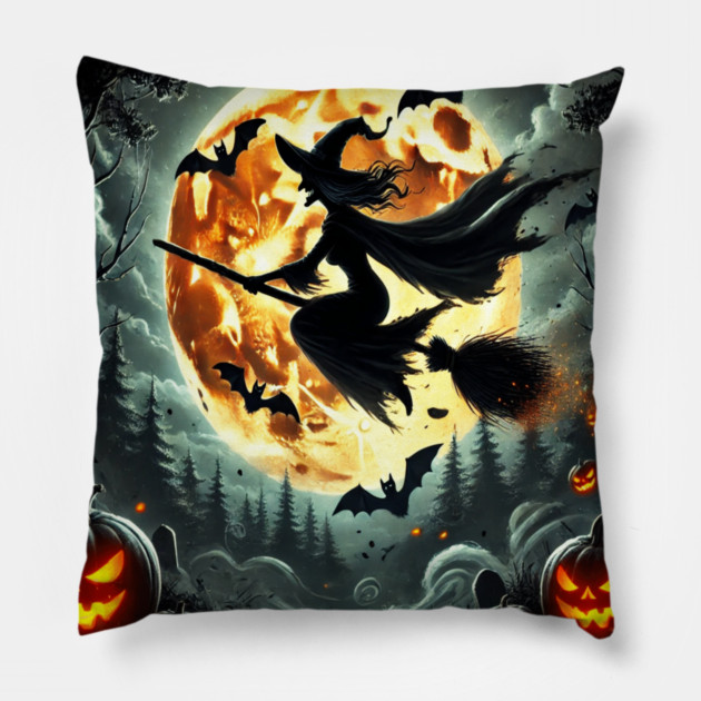 Halloween Witch on Broomstick Full Orange Moon, Bats Pillow by BirdsnStuff