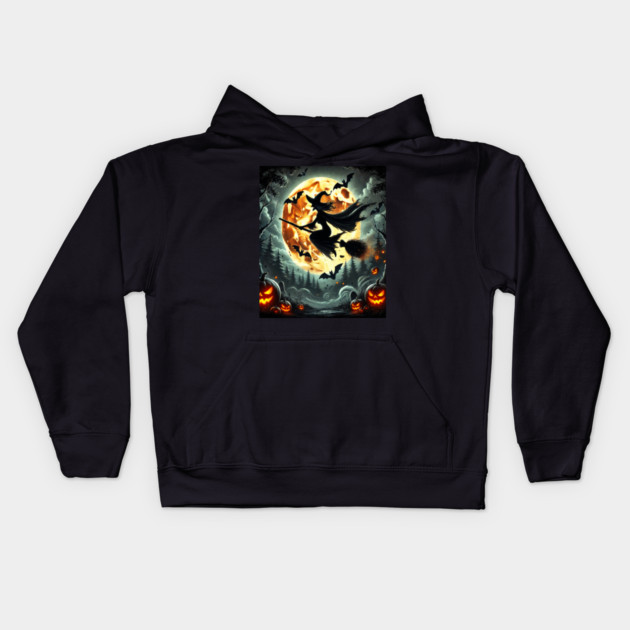 Halloween Witch on Broomstick Full Orange Moon, Bats Kids Hoodie by BirdsnStuff