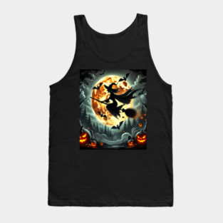 Halloween Witch on Broomstick Full Orange Moon, Bats Tank Top