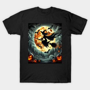Halloween Witch on Broomstick Full Orange Moon, Bats T-Shirt