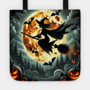 Halloween Witch on Broomstick Full Orange Moon, Bats Tote
