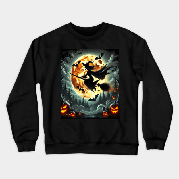 Halloween Witch on Broomstick Full Orange Moon, Bats Crewneck Sweatshirt by BirdsnStuff