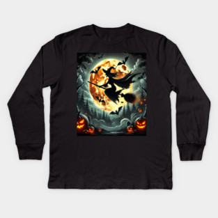 Halloween Witch on Broomstick Full Orange Moon, Bats Kids Long Sleeve T-Shirt