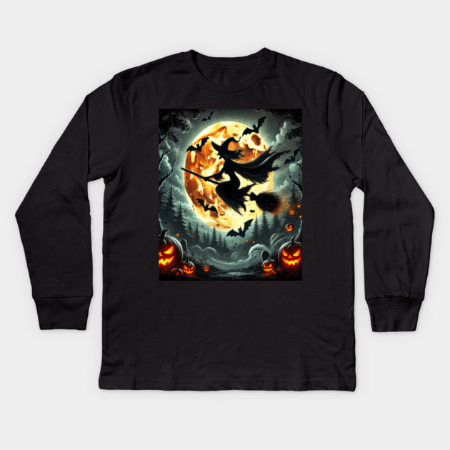 Halloween Witch on Broomstick Full Orange Moon, Bats Kids Long Sleeve T-Shirt by BirdsnStuff