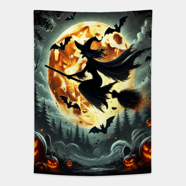 Halloween Witch on Broomstick Full Orange Moon, Bats Tapestry by BirdsnStuff