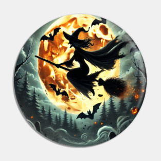 Halloween Witch on Broomstick Full Orange Moon, Bats Pin