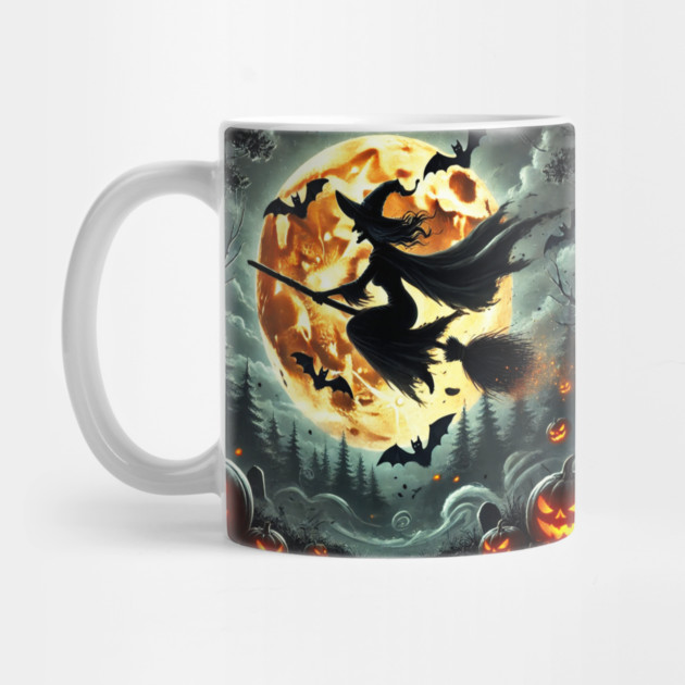 Halloween Witch on Broomstick Full Orange Moon, Bats by BirdsnStuff