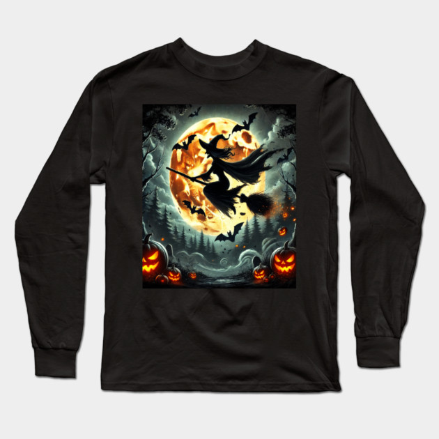Halloween Witch on Broomstick Full Orange Moon, Bats Long Sleeve T-Shirt by BirdsnStuff