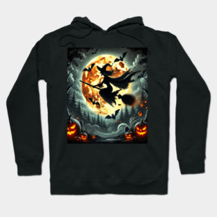 Halloween Witch on Broomstick Full Orange Moon, Bats Hoodie