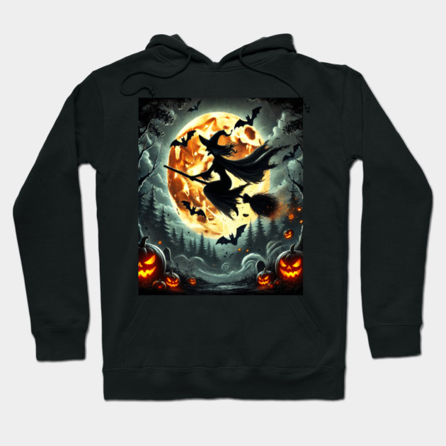 Halloween Witch on Broomstick Full Orange Moon, Bats Hoodie by BirdsnStuff
