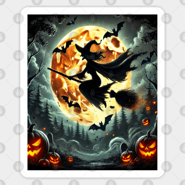 Halloween Witch on Broomstick Full Orange Moon, Bats Sticker by BirdsnStuff