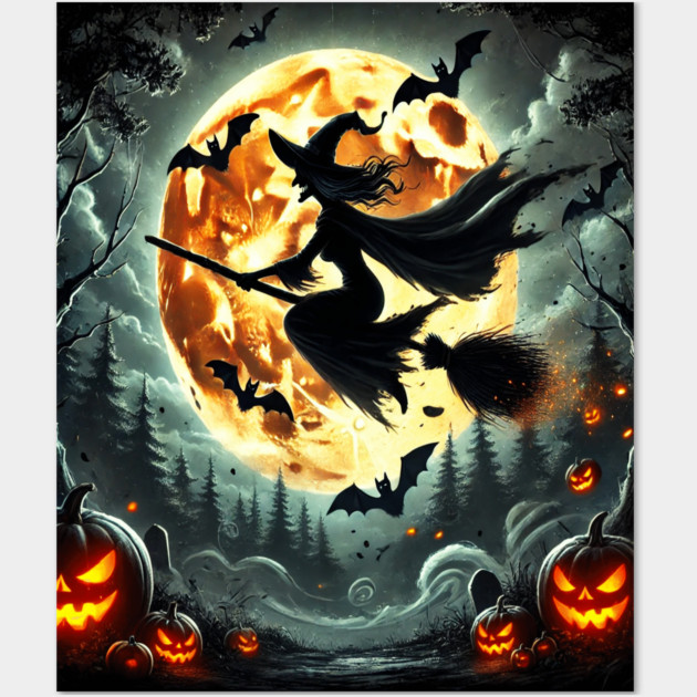 Halloween Witch on Broomstick Full Orange Moon, Bats Wall Art by BirdsnStuff