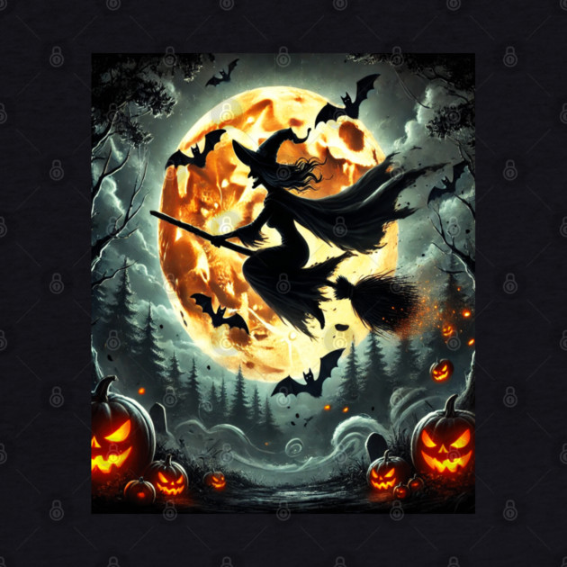 Halloween Witch on Broomstick Full Orange Moon, Bats by BirdsnStuff