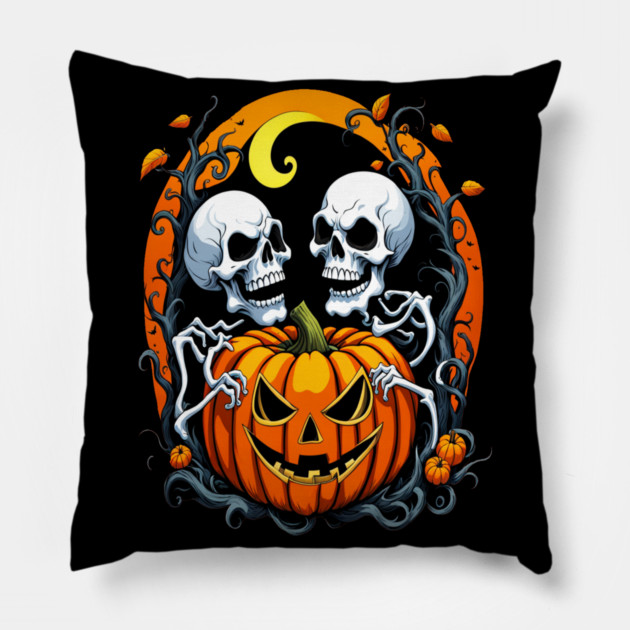 Halloween Scary Skeletons and Orange Pumpkins Pillow by BirdsnStuff