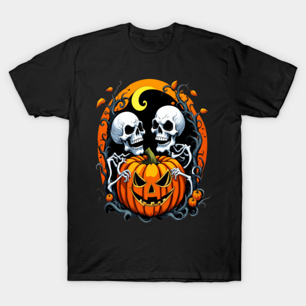 Halloween Scary Skeletons and Orange Pumpkins T-Shirt by BirdsnStuff