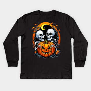 Halloween Scary Skeletons and Orange Pumpkins Kids Long Sleeve T-Shirt