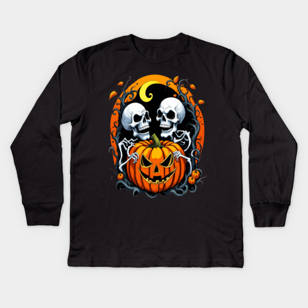 Halloween Scary Skeletons and Orange Pumpkins Kids Long Sleeve T-Shirt by BirdsnStuff