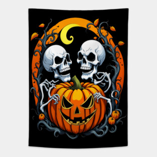 Halloween Scary Skeletons and Orange Pumpkins Tapestry