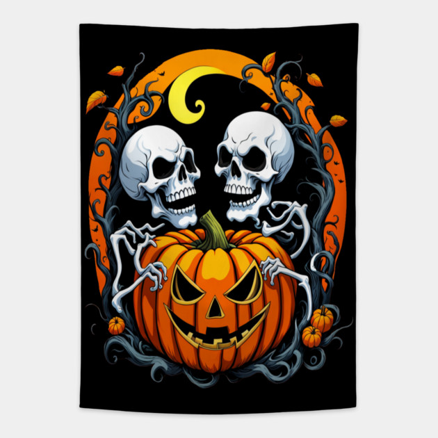 Halloween Scary Skeletons and Orange Pumpkins Tapestry by BirdsnStuff