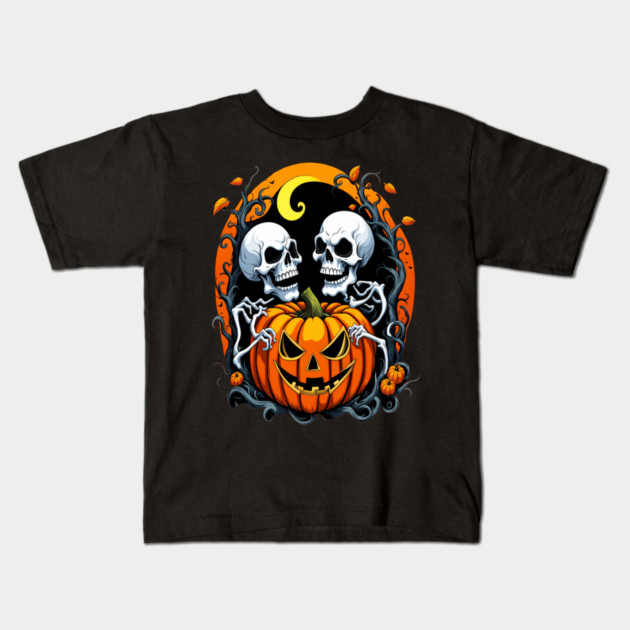 Halloween Scary Skeletons and Orange Pumpkins Kids T-Shirt by BirdsnStuff