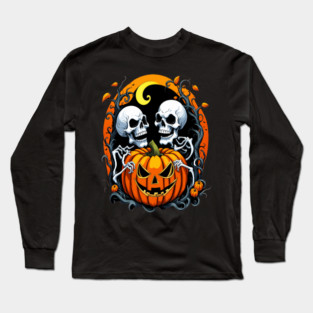 Halloween Scary Skeletons and Orange Pumpkins Long Sleeve T-Shirt