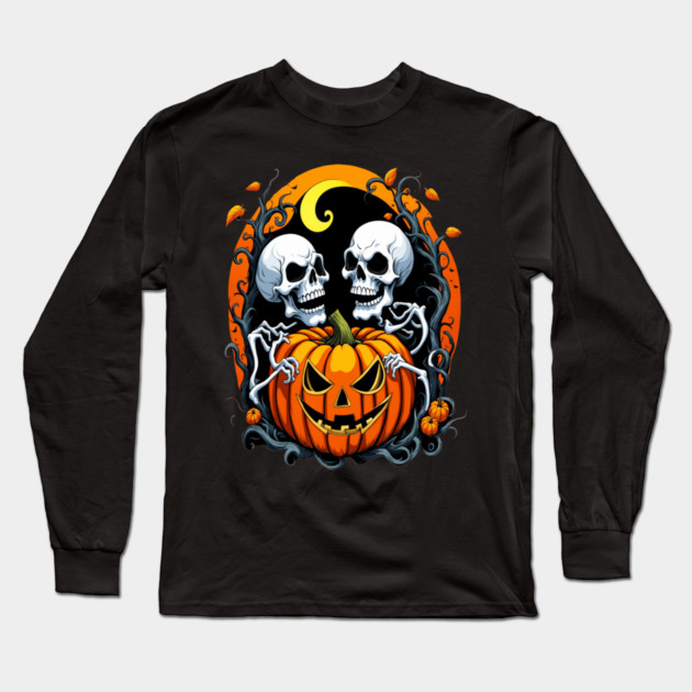 Halloween Scary Skeletons and Orange Pumpkins Long Sleeve T-Shirt by BirdsnStuff