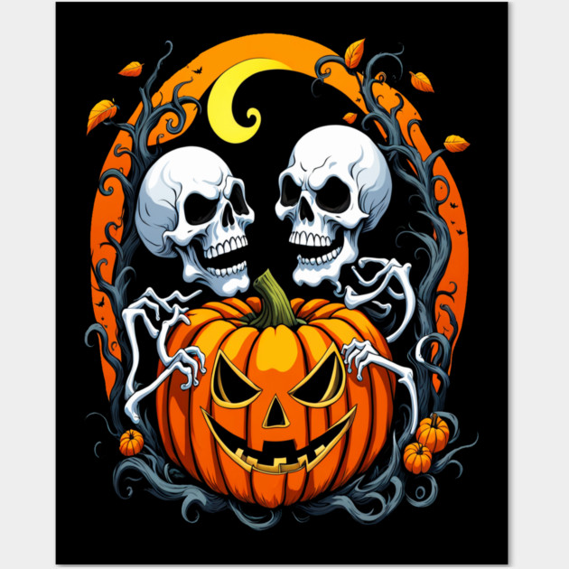 Halloween Scary Skeletons and Orange Pumpkins Wall Art by BirdsnStuff