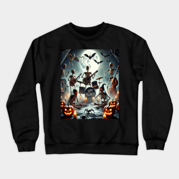 Happy Halloween Skeleton Band Crewneck Sweatshirt by BirdsnStuff