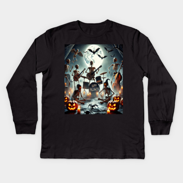 Happy Halloween Skeleton Band Kids Long Sleeve T-Shirt by BirdsnStuff