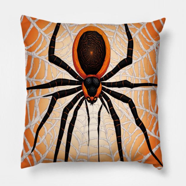 Creepy Halloween Orange and Black Spider on Web Pillow by BirdsnStuff