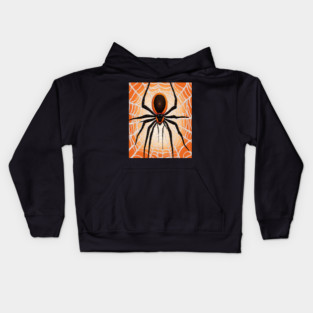 Creepy Halloween Orange and Black Spider on Web Kids Hoodie