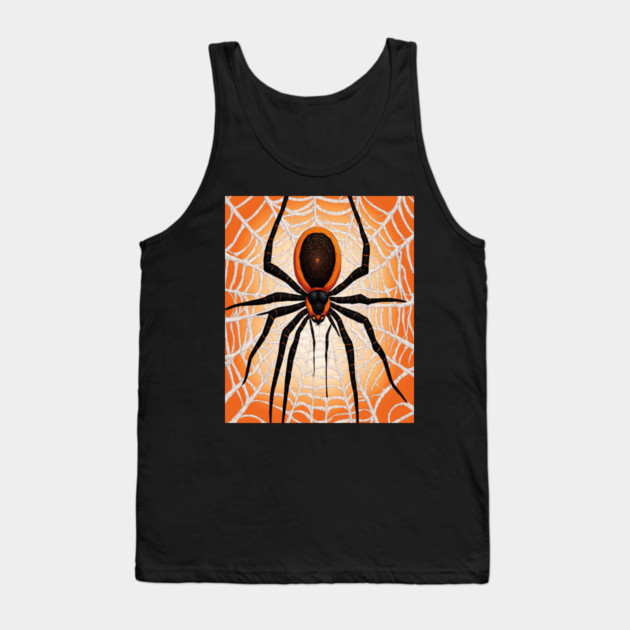 Creepy Halloween Orange and Black Spider on Web Tank Top by BirdsnStuff