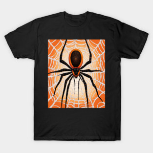 Creepy Halloween Orange and Black Spider on Web T-Shirt