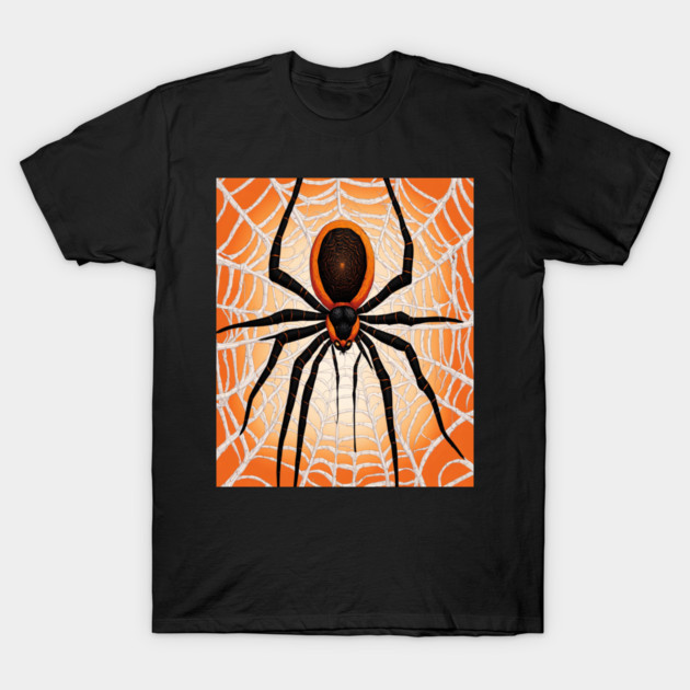 Creepy Halloween Orange and Black Spider on Web T-Shirt by BirdsnStuff