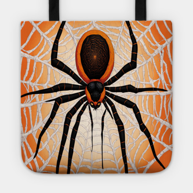 Creepy Halloween Orange and Black Spider on Web Tote by BirdsnStuff