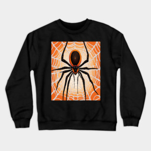 Creepy Halloween Orange and Black Spider on Web Crewneck Sweatshirt