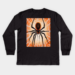 Creepy Halloween Orange and Black Spider on Web Kids Long Sleeve T-Shirt