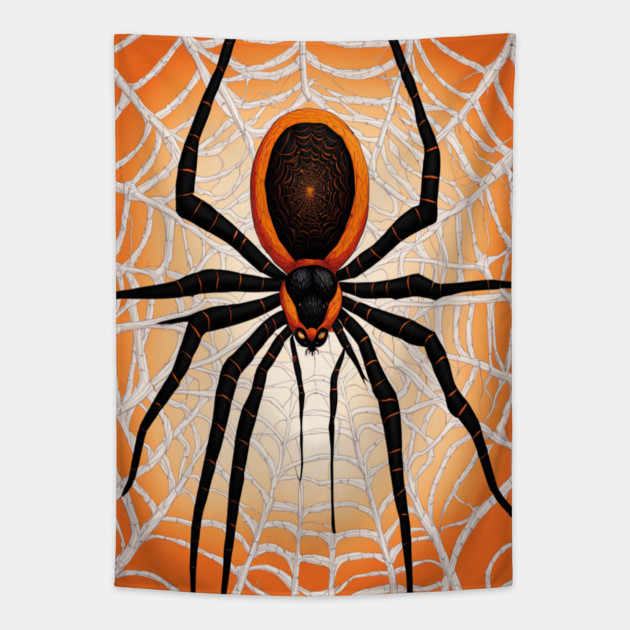 Creepy Halloween Orange and Black Spider on Web Tapestry by BirdsnStuff