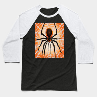 Creepy Halloween Orange and Black Spider on Web Baseball T-Shirt