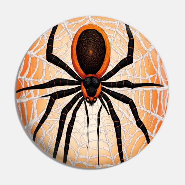 Creepy Halloween Orange and Black Spider on Web Pin by BirdsnStuff