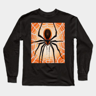 Creepy Halloween Orange and Black Spider on Web Long Sleeve T-Shirt