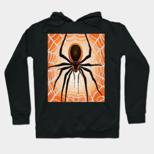 Creepy Halloween Orange and Black Spider on Web Hoodie